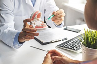 Dentist showing patient model of teeth